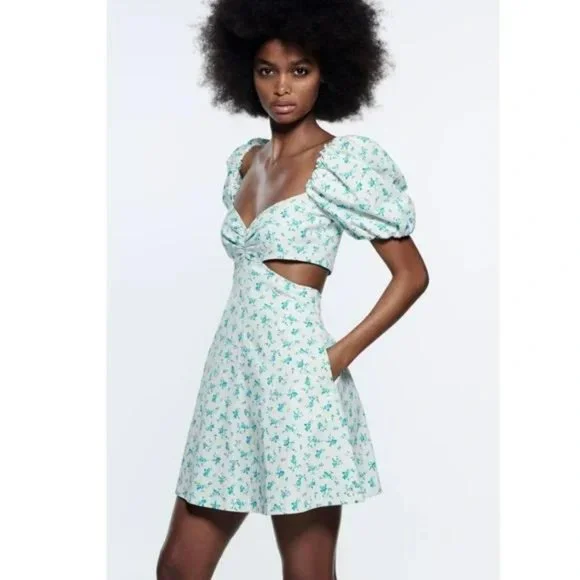 zara floral cut out dress ZARA FW24 RUFFLED FLORAL CUT OUT MIDI CHIFFON DRESS Multicolored 8957/218_S NWT
